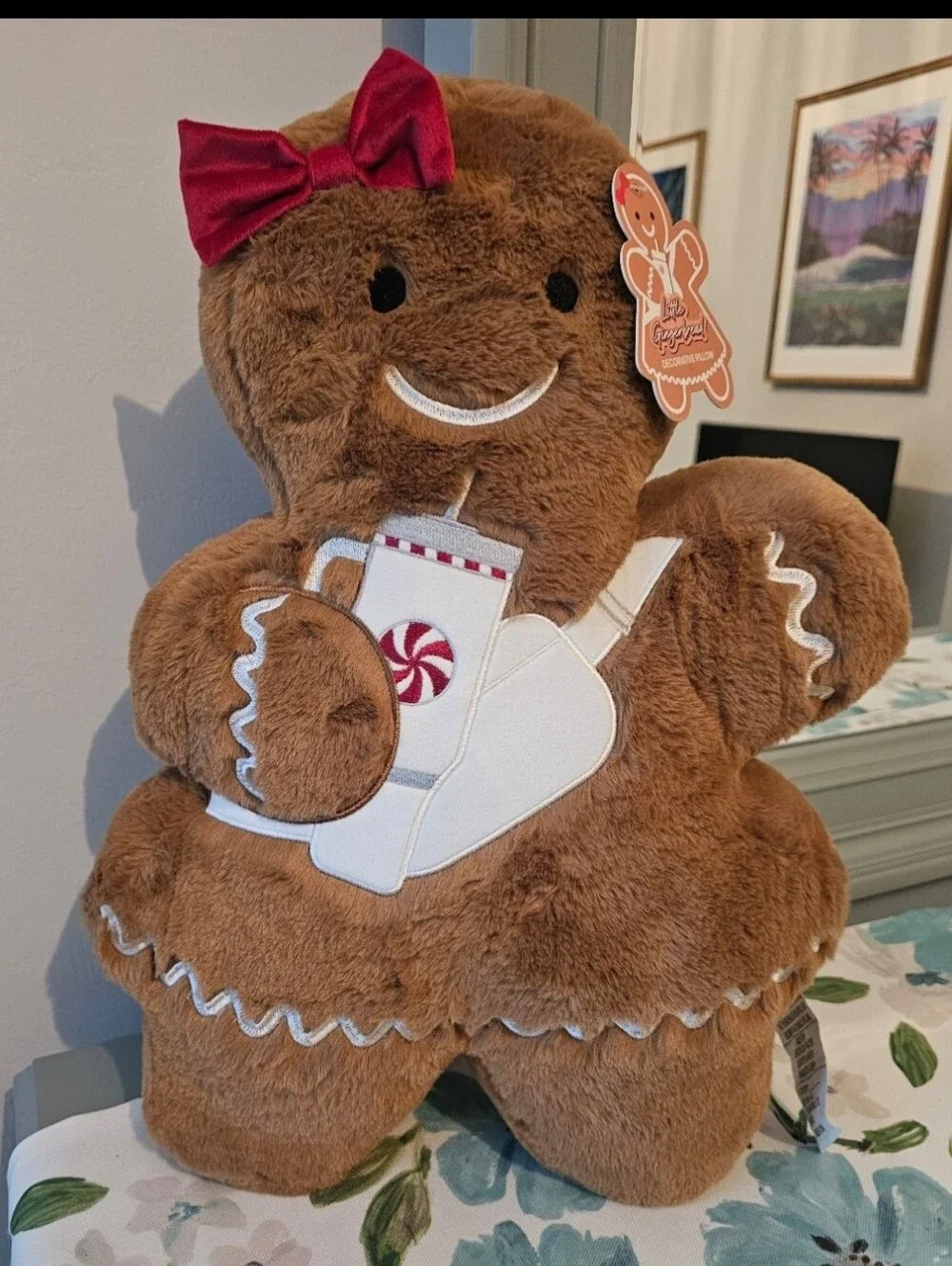 New! Gingerbread Red Girl with Stanley type Peppermint Drink & Crossbody Pillow